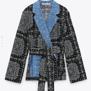 Zara Belted Paisley Kimono Jacket Blazer Blue Black Size M Medium